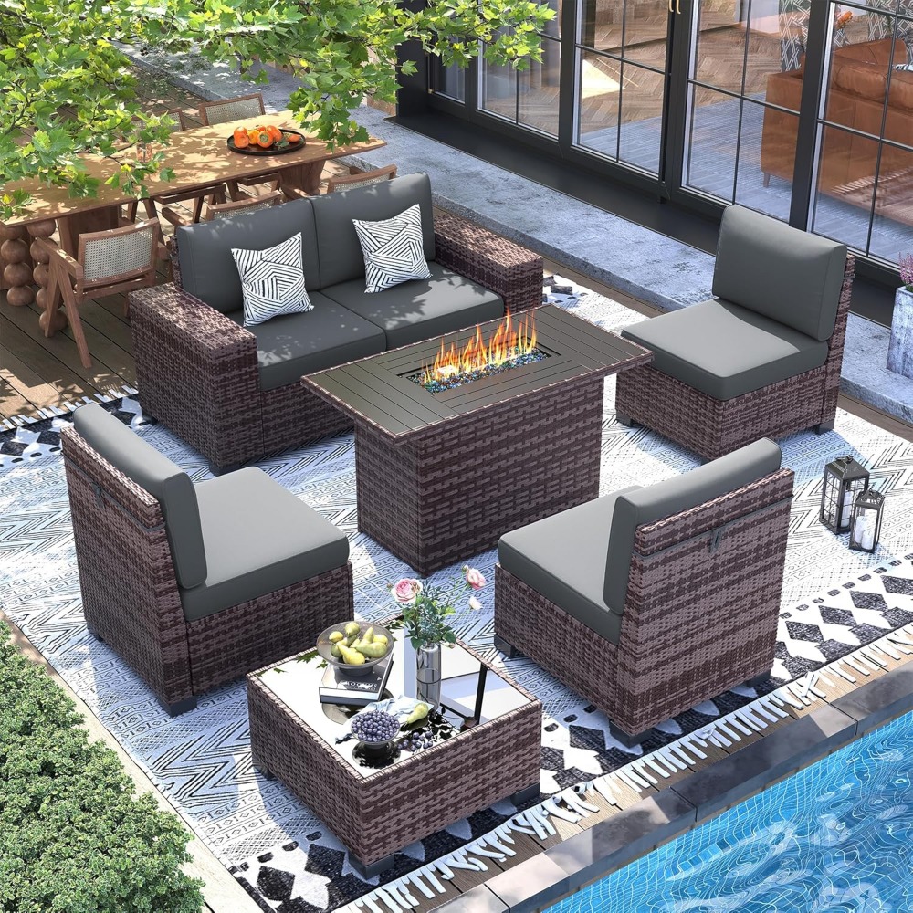 Sectional Sofa Set with Fire P - Outdoor Furniture And Fire Pit avaliação e preço